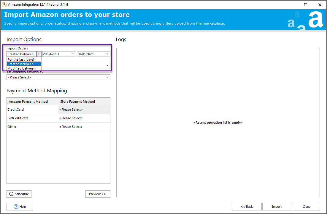 Select Date Range to Import Orders
