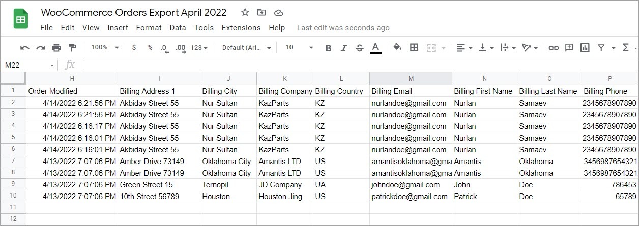 Google Sheets File with Exported Orders