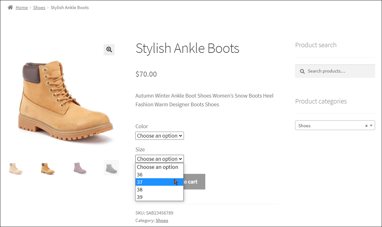 Imported WooCommerce Variable Product on the Front End