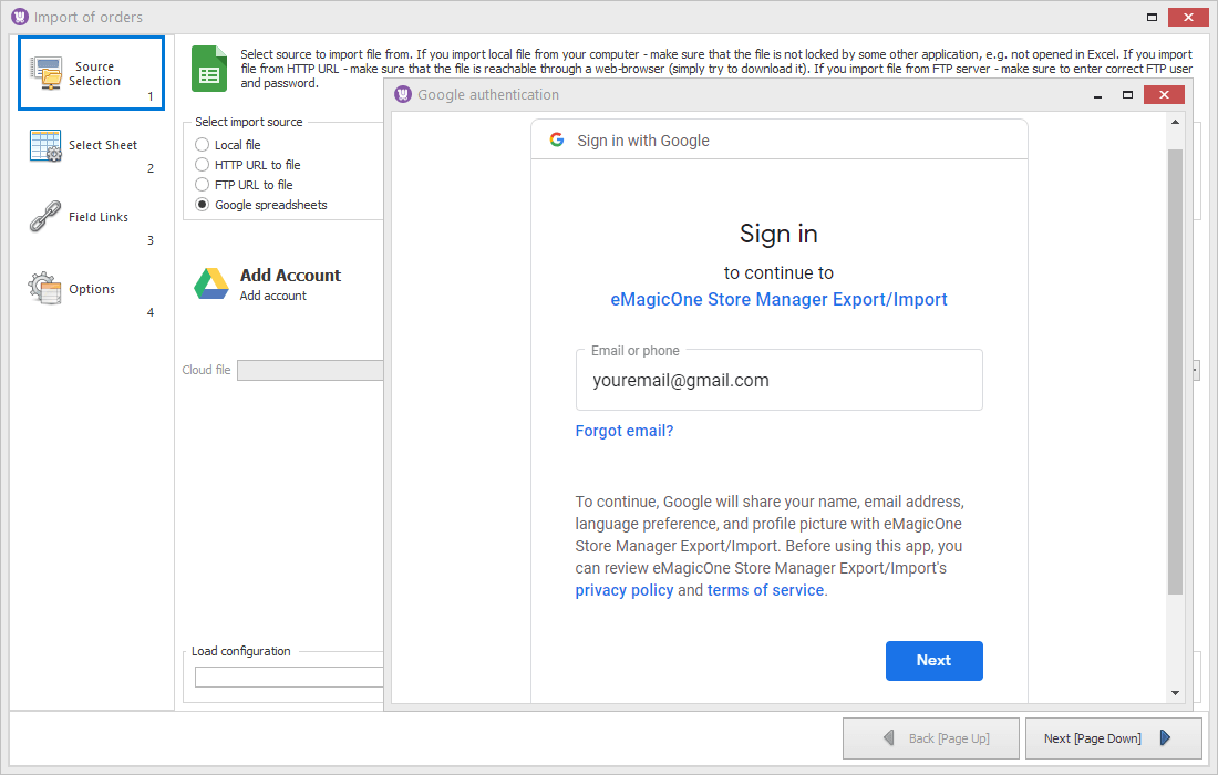 Sign In Google Account to Import Woocommerce Orders