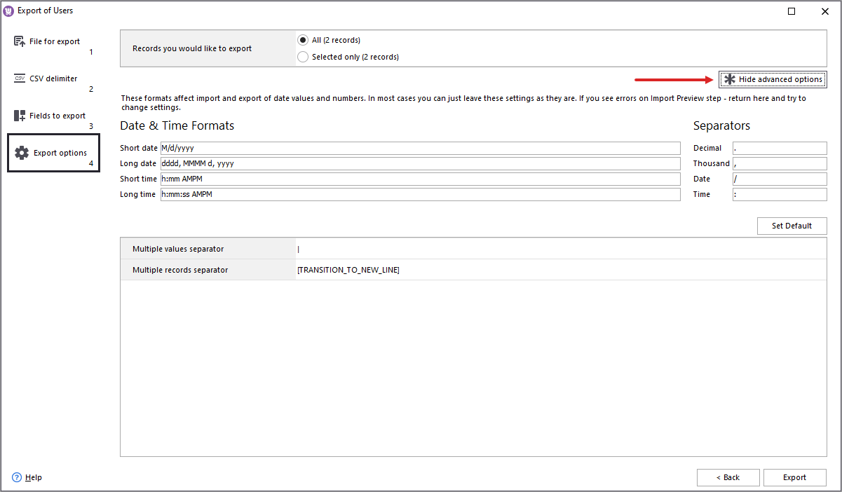 Select what customer records to export