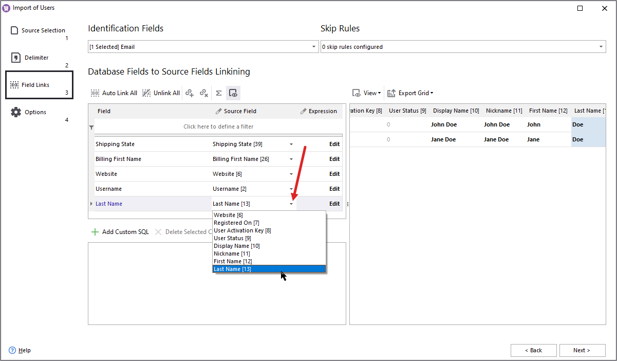 Map database fields to cSV columns