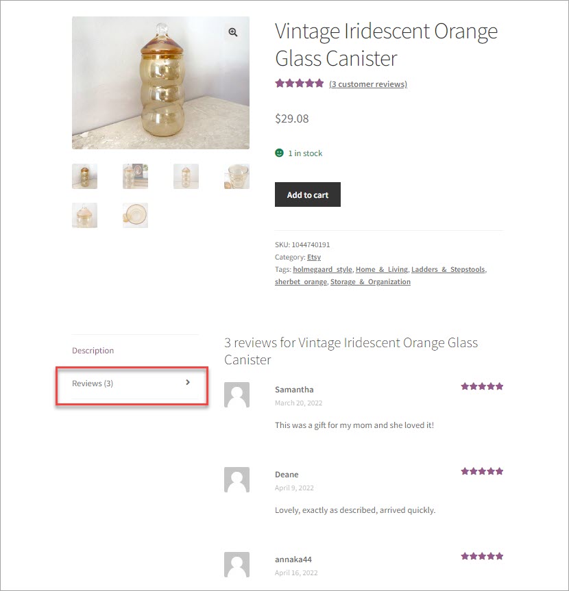 WooCommerce Store Manager Import Etsy Reviews Product Page