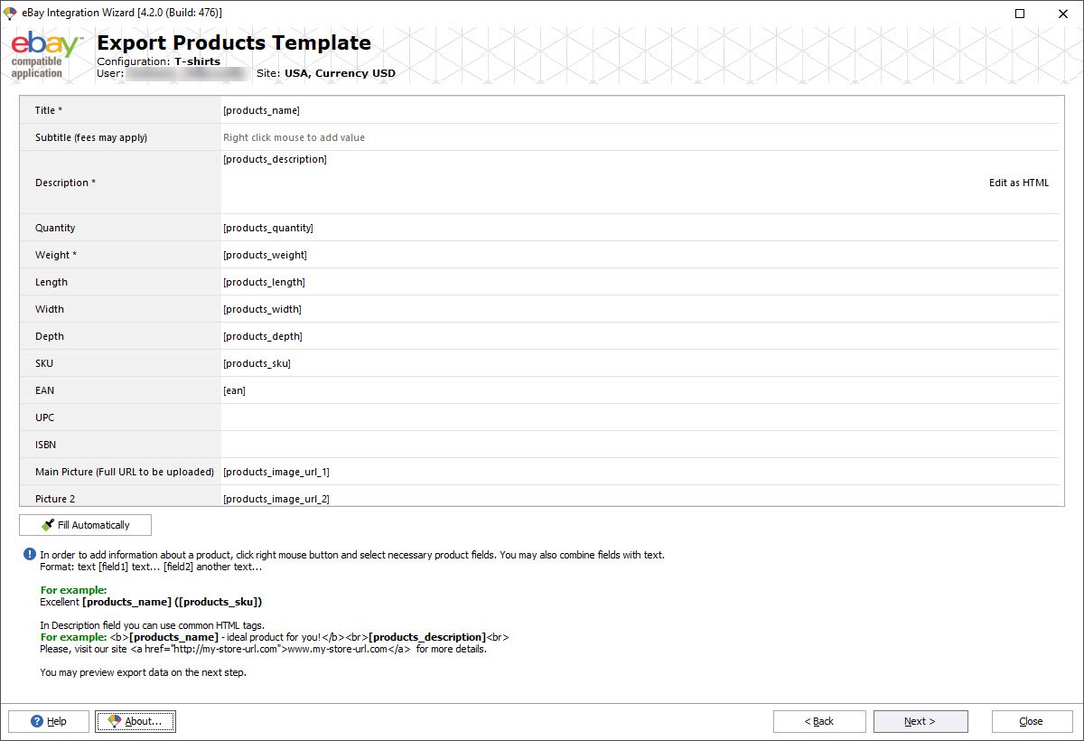 eBay export product template