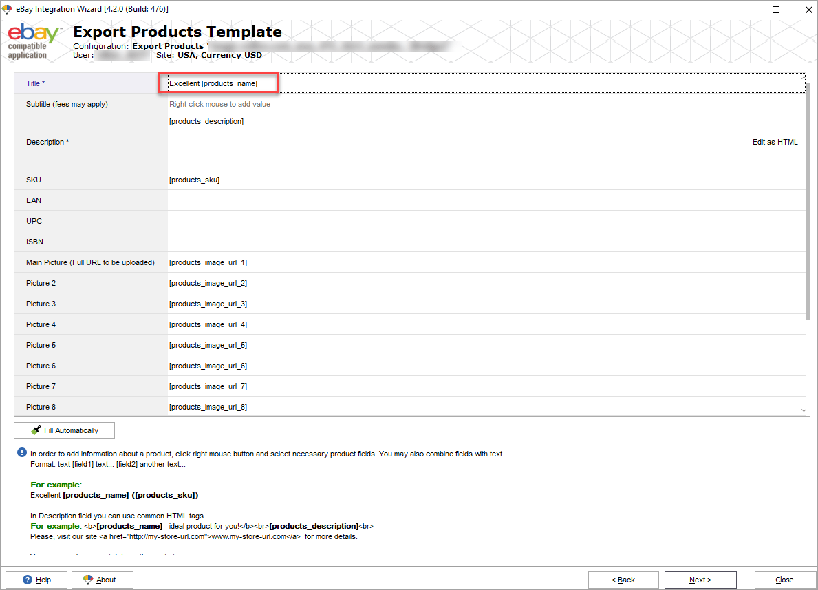 eBay export template add expression