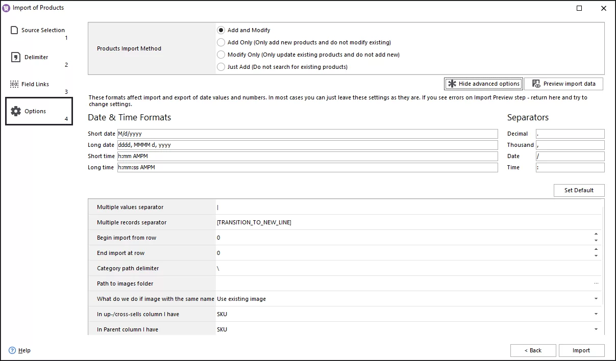 Advanced Settings at WooCommerce Product Import Options Step