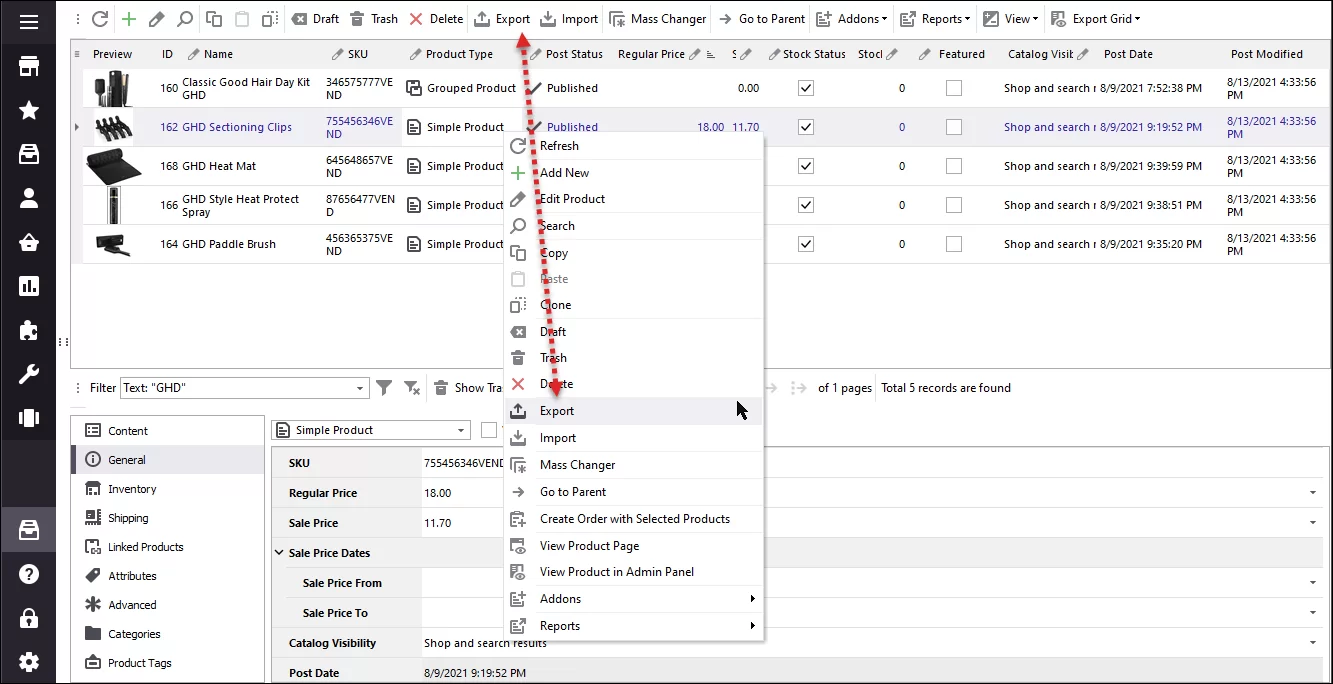 Buttons for Export of WooCommerce Products