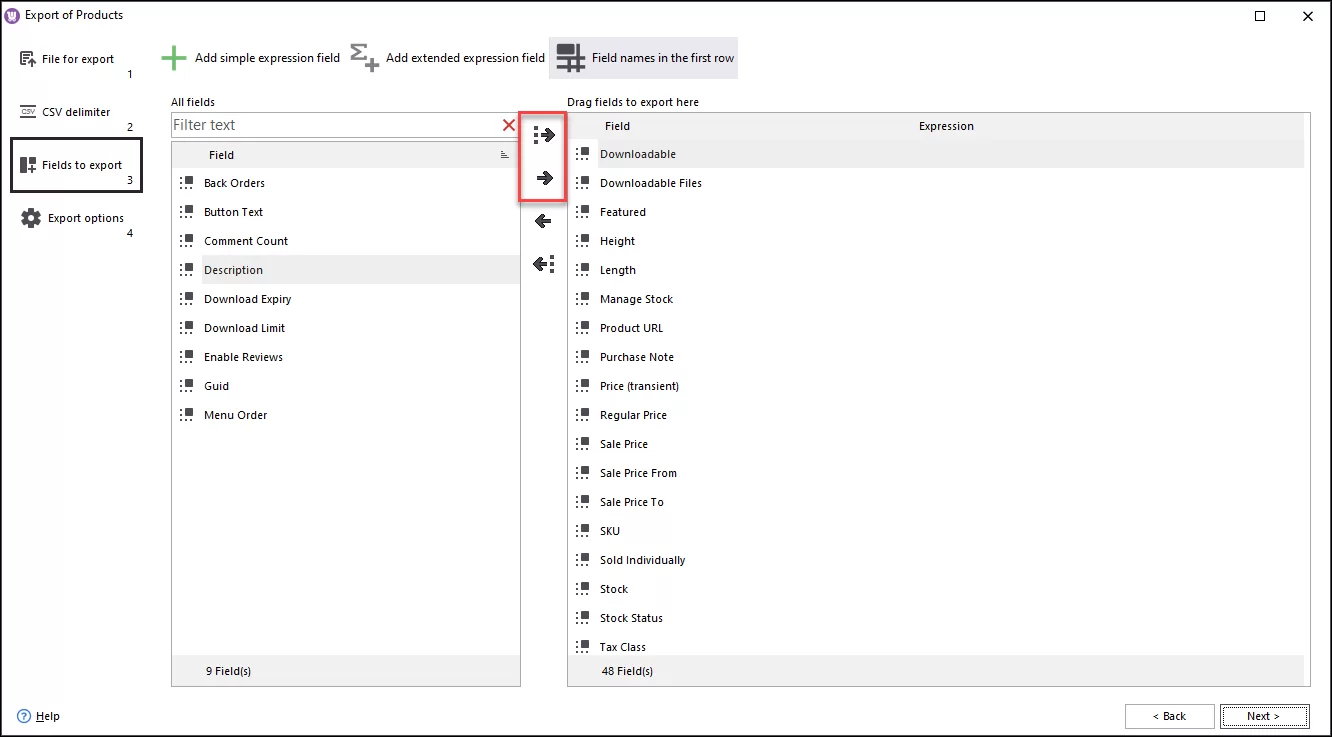Selection of WooCommerce Product Fields for Export