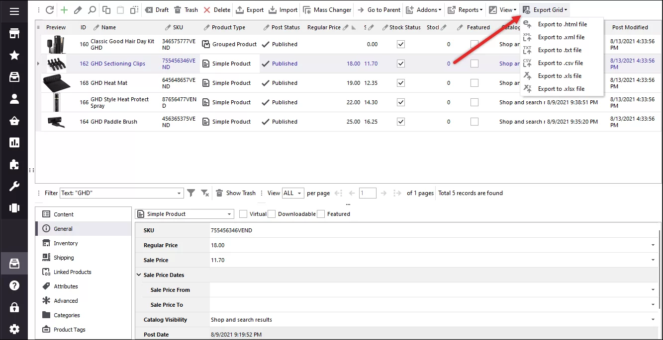 WooCommerce Product Export from the Store Manager Grid