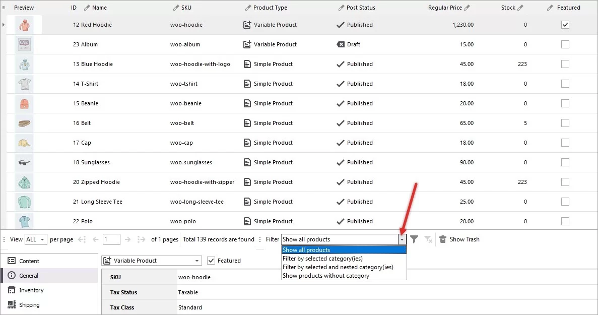 Show All Products Filter in WooCommerce Store Manager