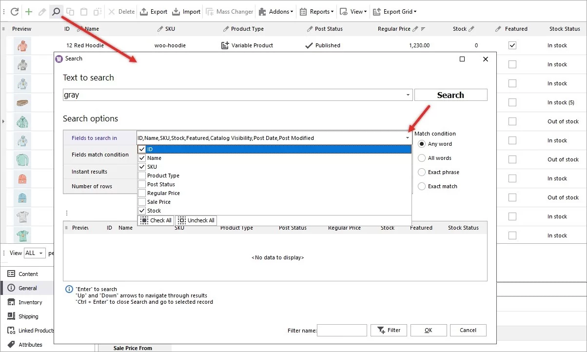 WooCommerce Product Search by Field in Store Manager