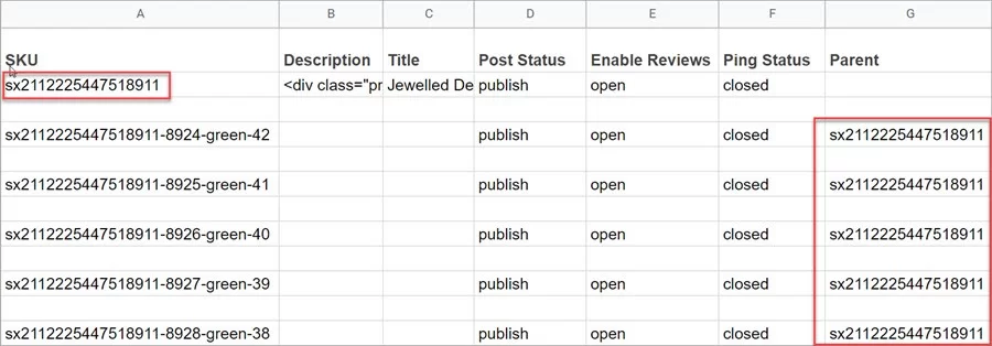 WooCommerce Store Manager Import Variations Sample File Parent