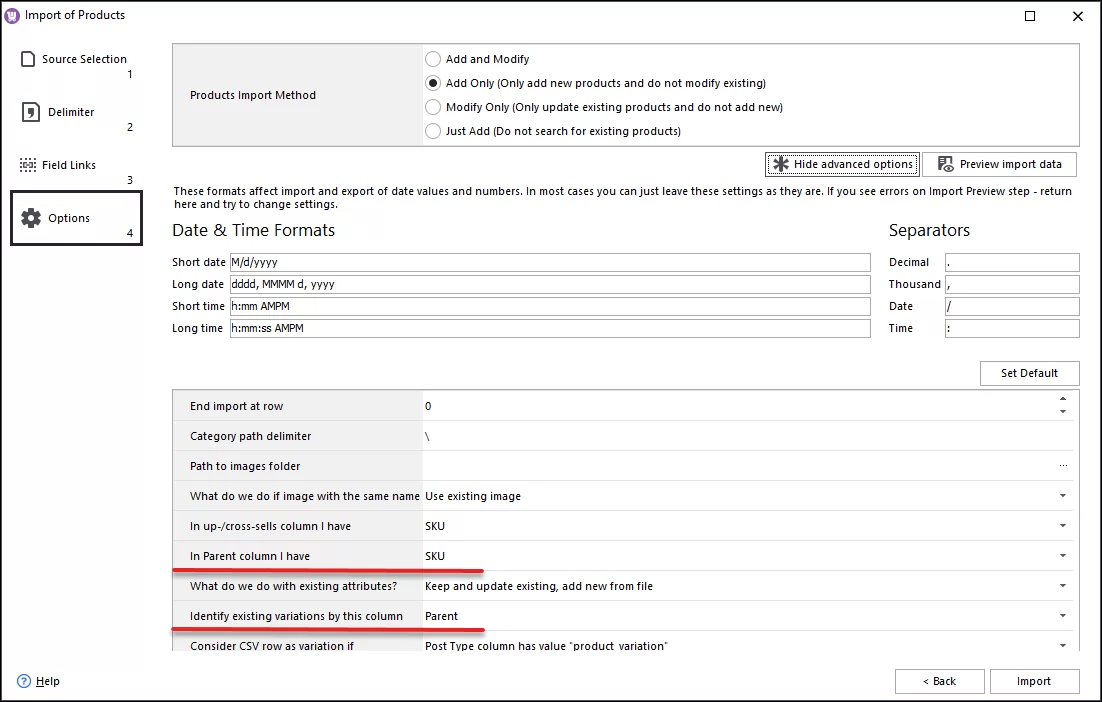 WooCommerce Variable Products Import Options