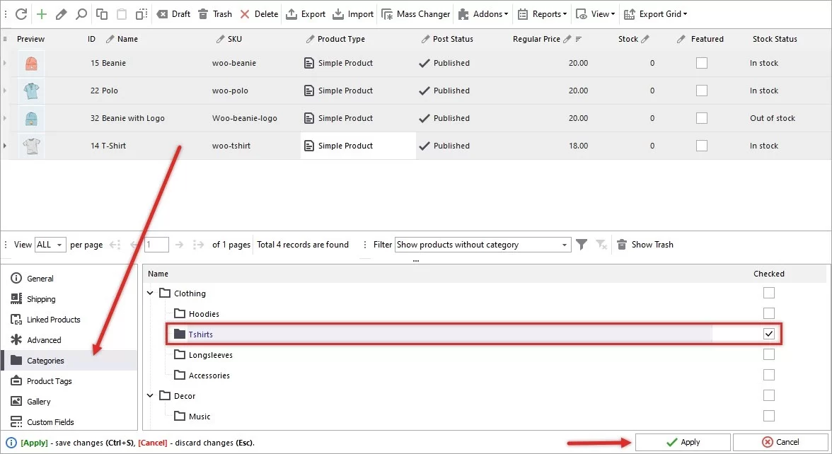 WooCommerce Categories Association to Products in the Grid