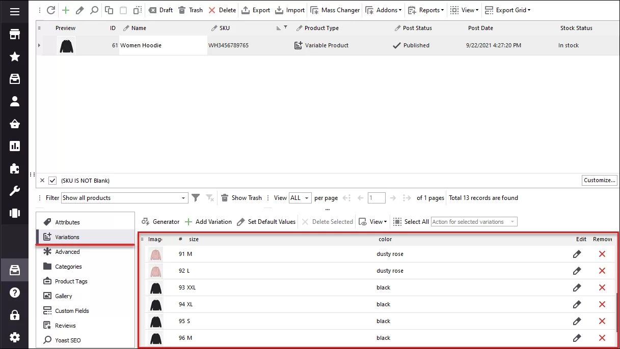 Generated WooCommerce Variations