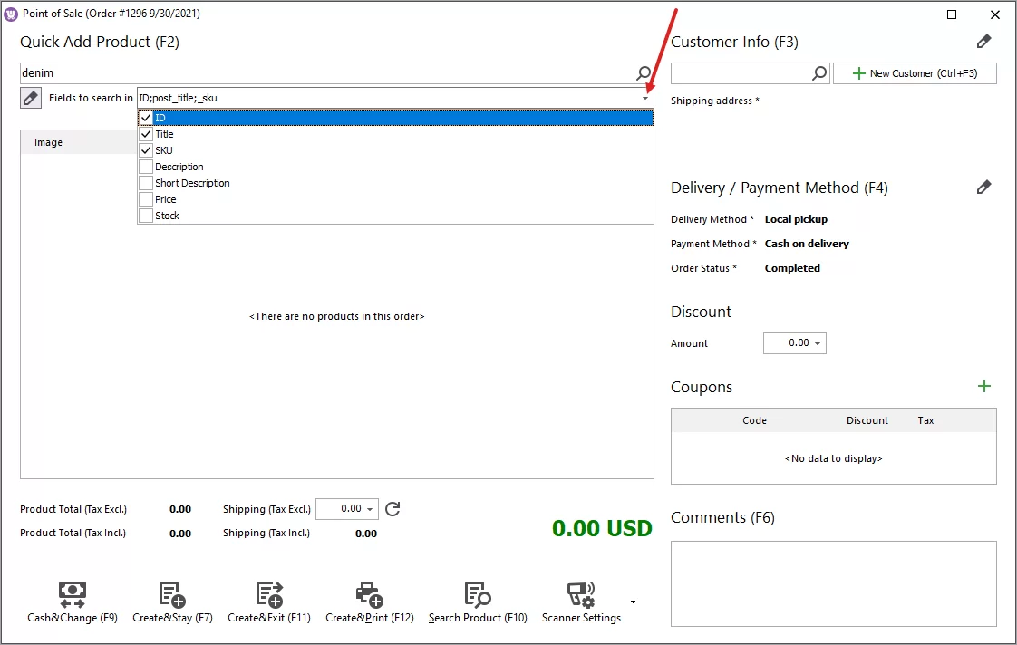 Fields for Product Search for Adding to Order in WooCommerce POS