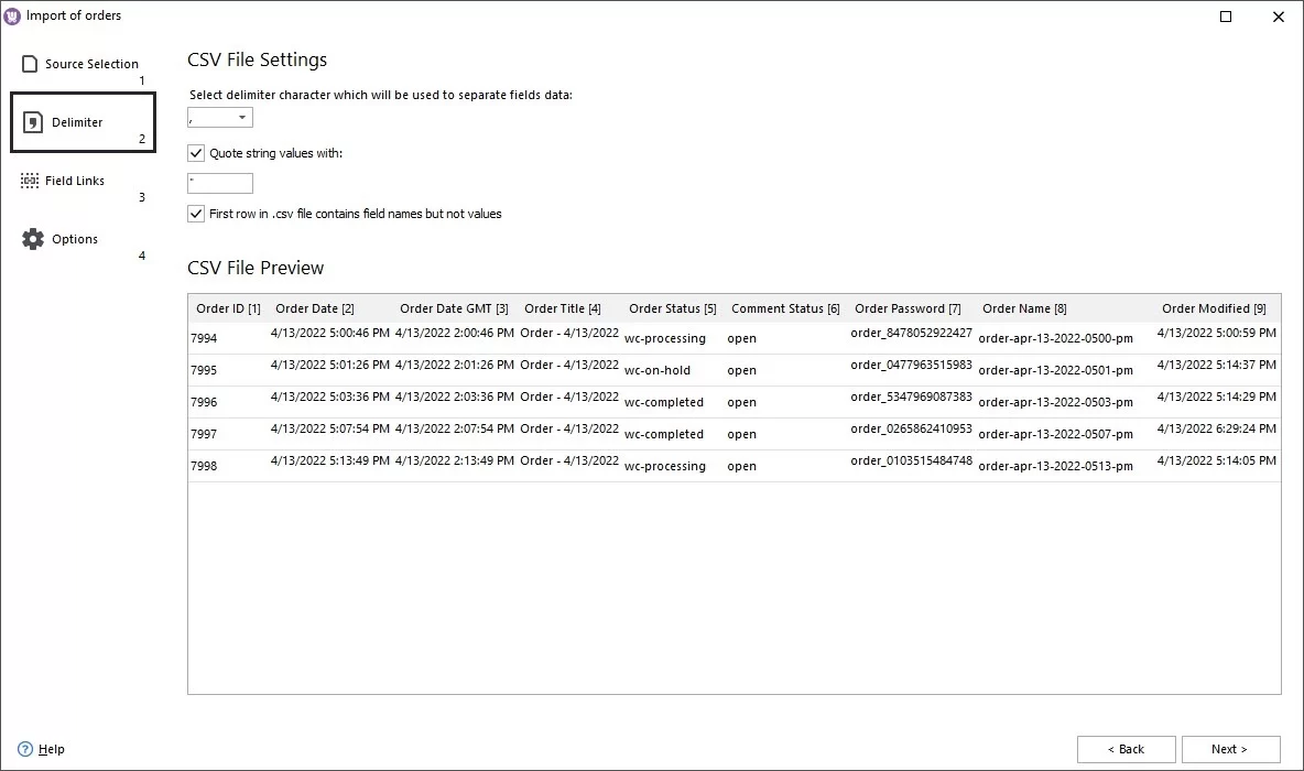 File Delimiter Step During WooCommerce Orders Import