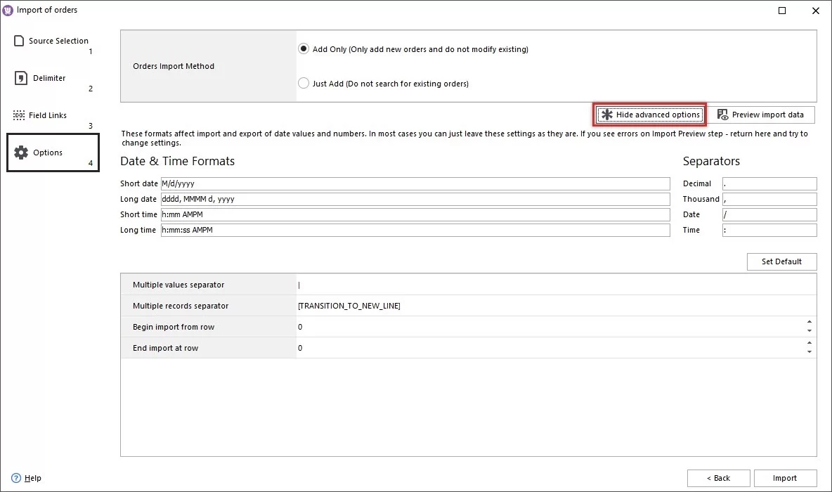 WooCommerce Orders Import Options