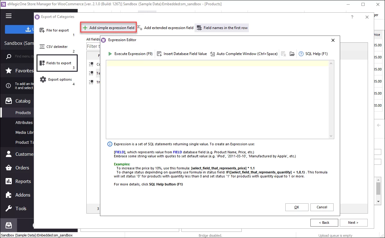 Expression Editor at the Step of WooCommerce Categories Export