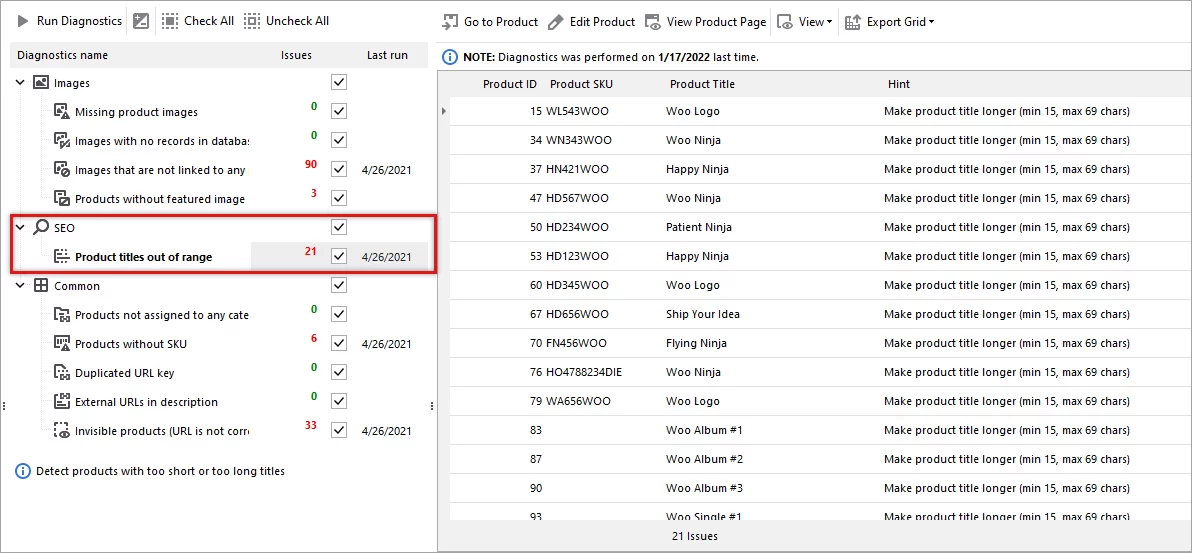 WooCommerce SEO Issues Diagnostics in Store Manager