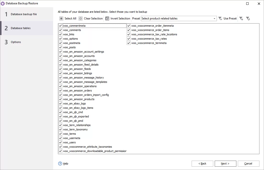 WooCommerce Tables for Backup in Store Manager