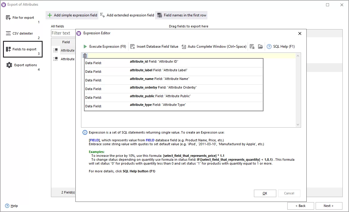 Insert Expression for WooCommerce Attributes Export