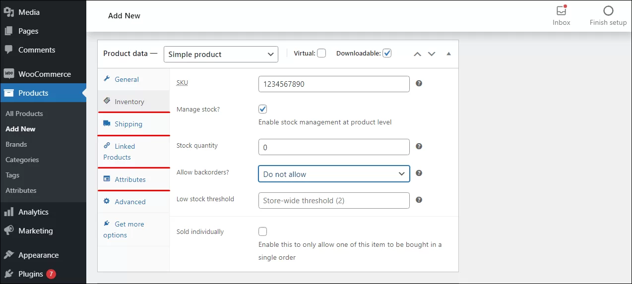 Inventory and Attribues Data of WooCommerce Downloadable Product