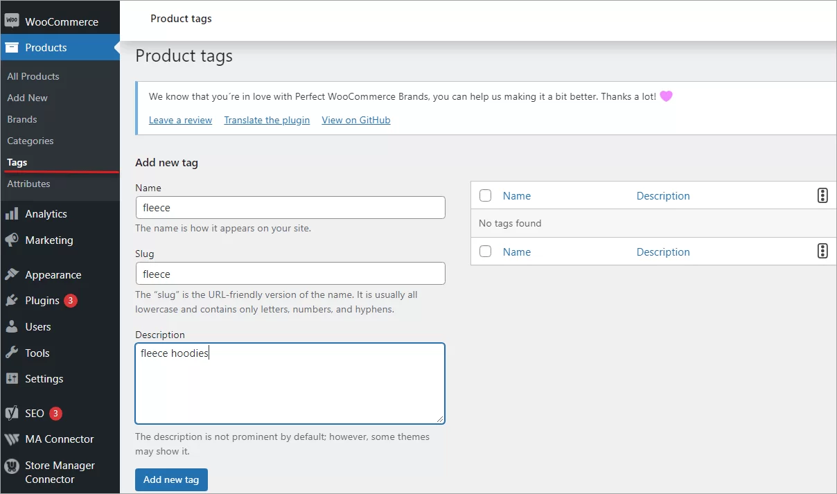 New WooCommerce Product Tag Adding in the Admin