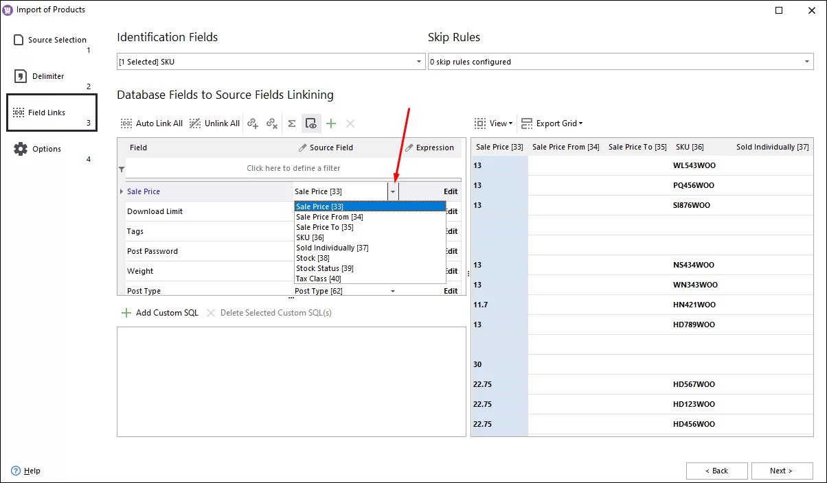 Dropdown for WooCommerce Database Fields Linking to CSV File Columns