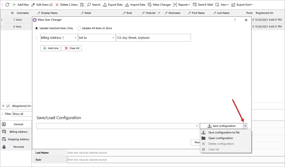 Save Mass User Changer Configuration in WooCommerce Store Manager