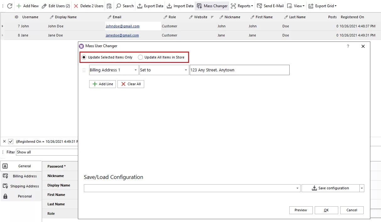 Update Selected or All Items in WooCommerce Mass Users Changer