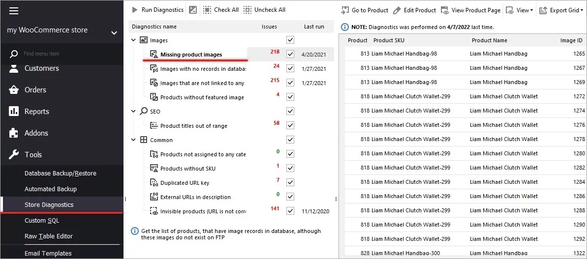 WooCommerce Missing Product Images Diagnostics in Store Manager