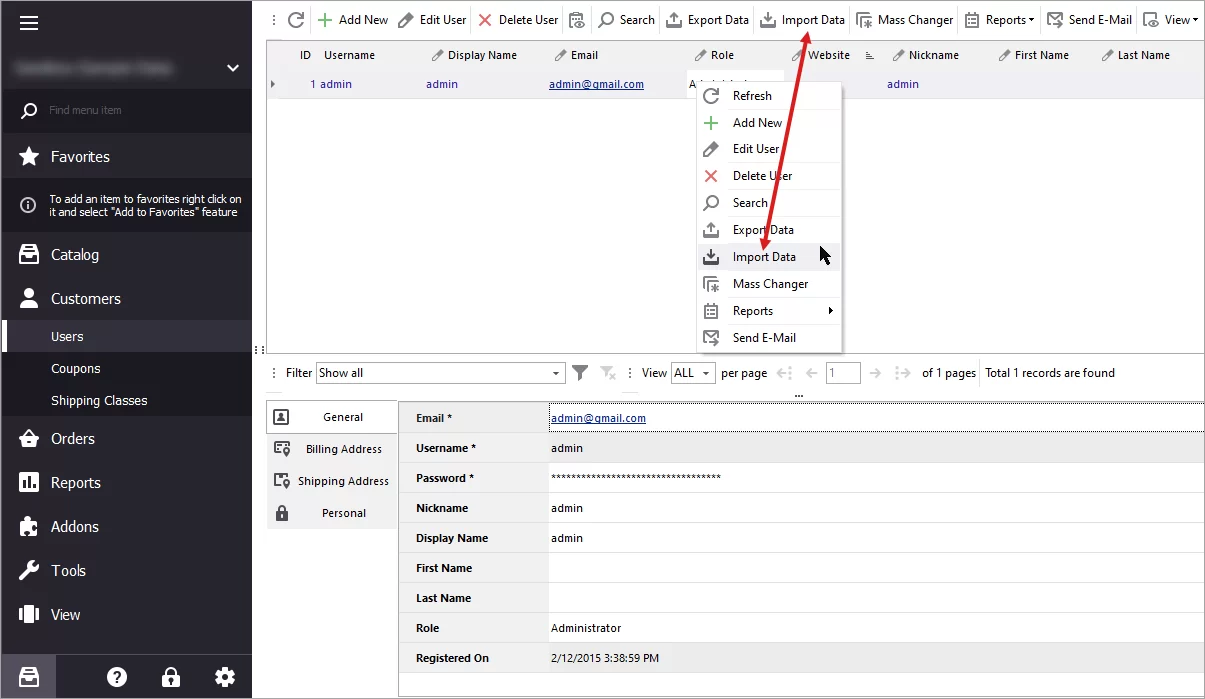 Go to Users section and press import data button