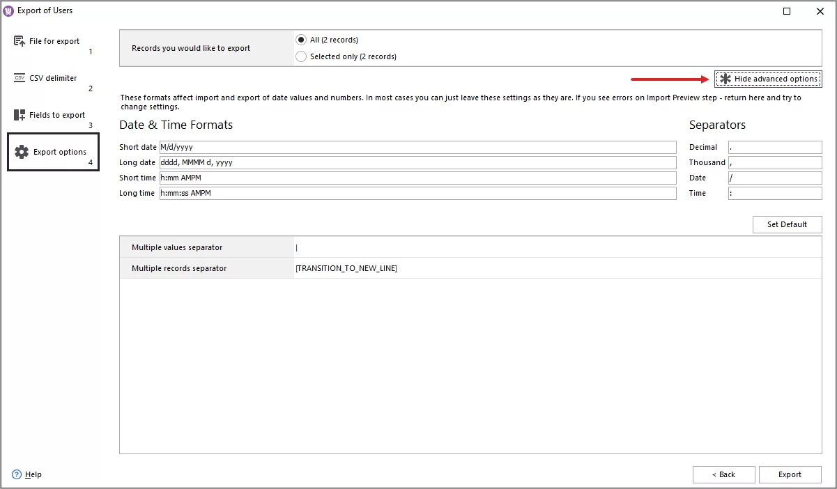 Select what customer records to export