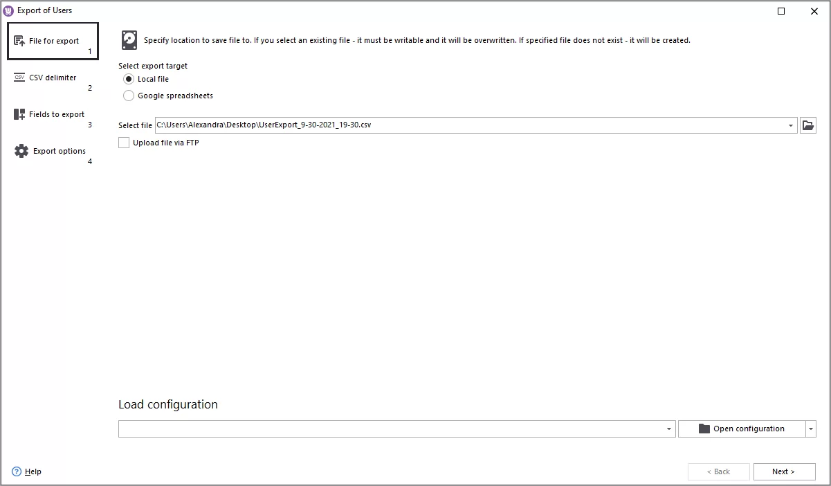 Select location to save exported users to