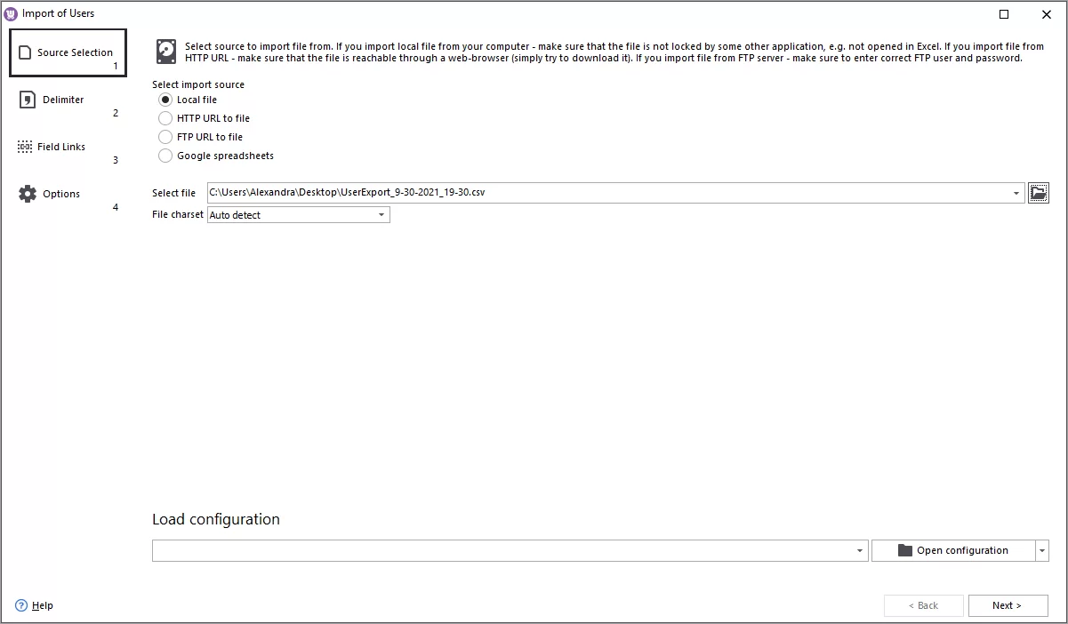 Select CSV file with users data to import