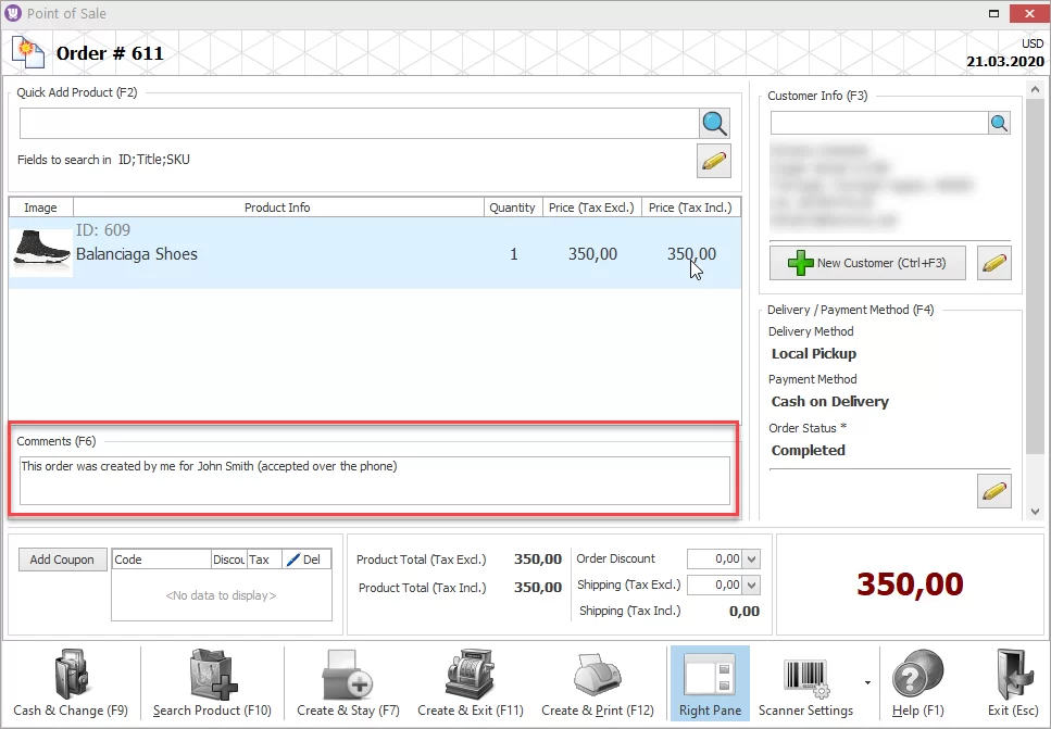 A Field to Add Comment to the Order in POS