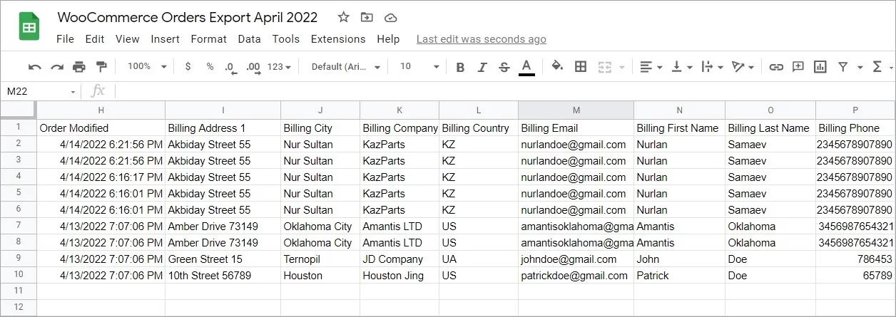 Google Sheets File with Exported Orders