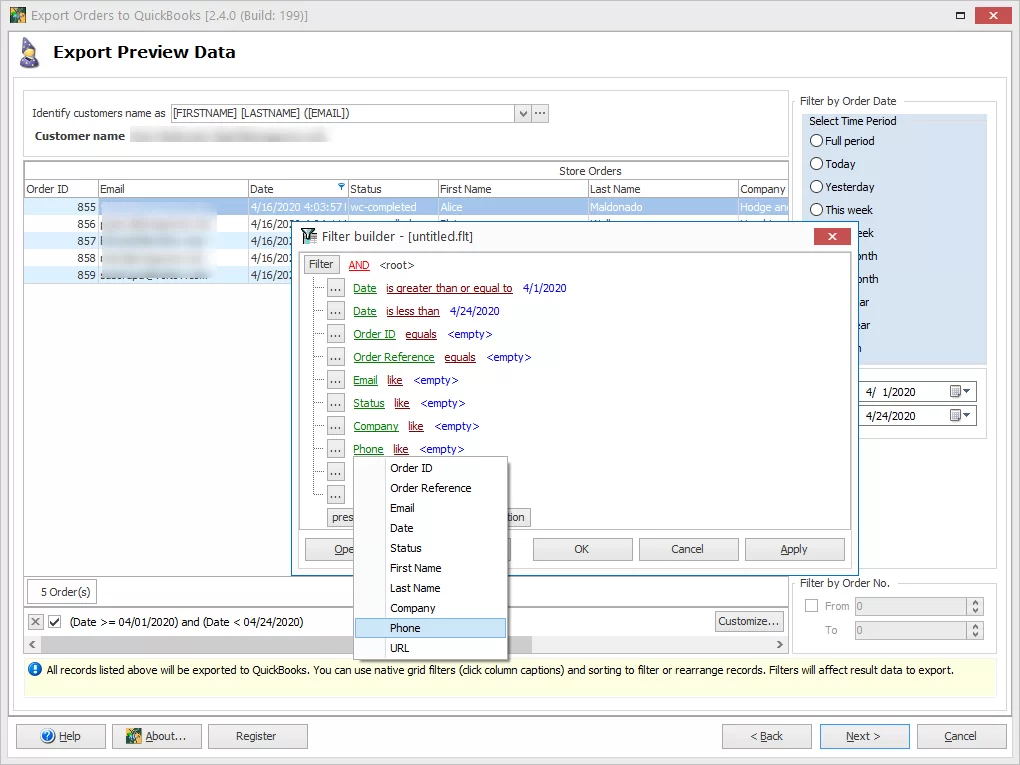 Export Orders Preview Data Filter Builder