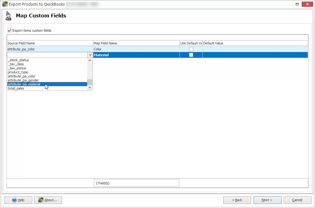 QuickBooks Export Map Custom Fields