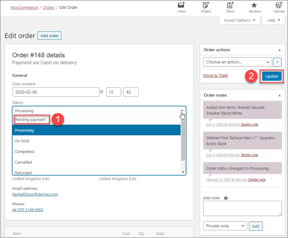 Changing Processing Order To Pending in WooCommerce