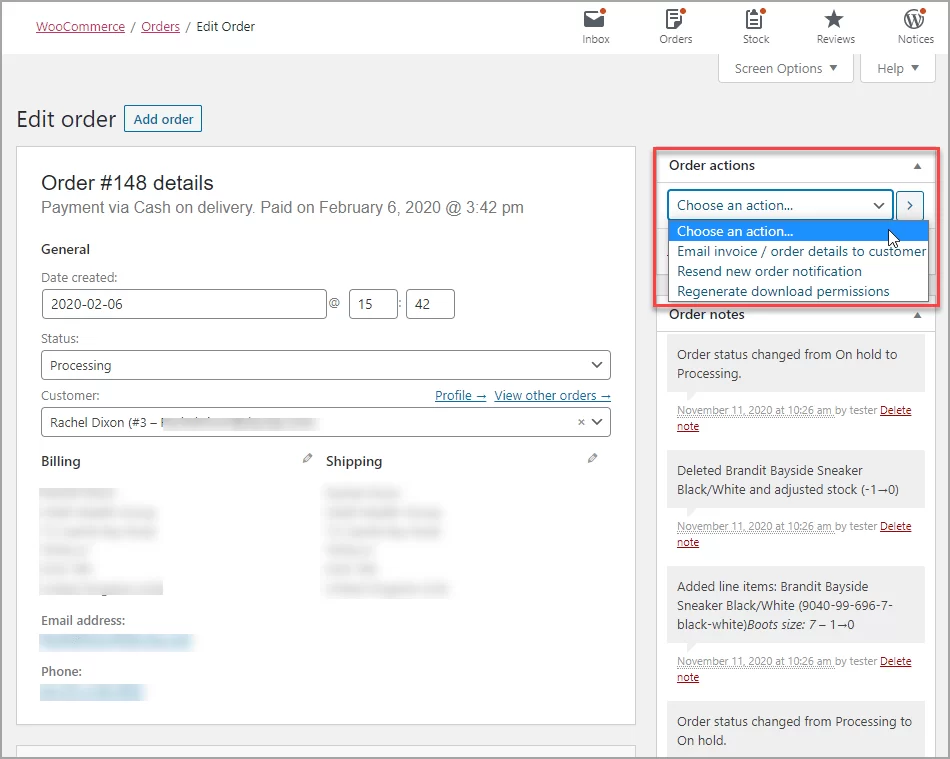 Select Order Actions in WooCommerce