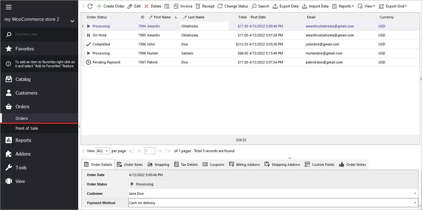 WooCommerce Orders Section in Store Manager