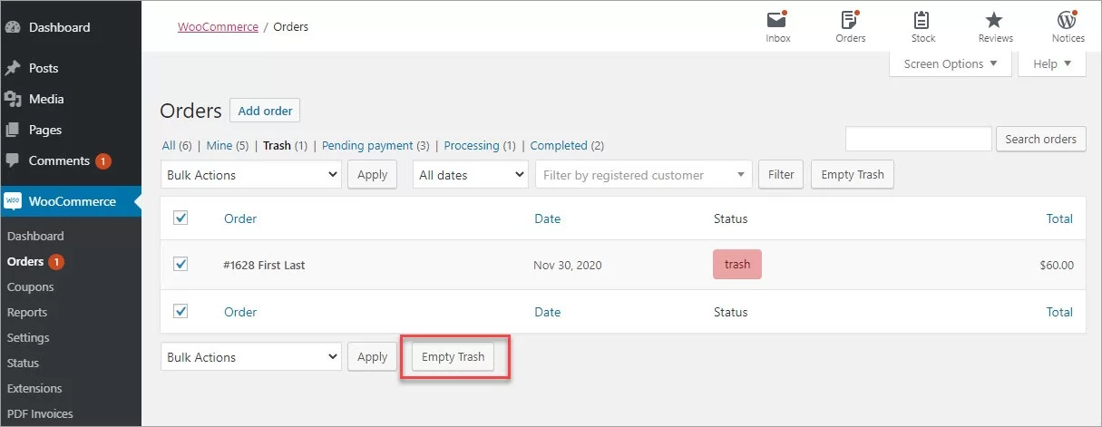Remove Order from Trash