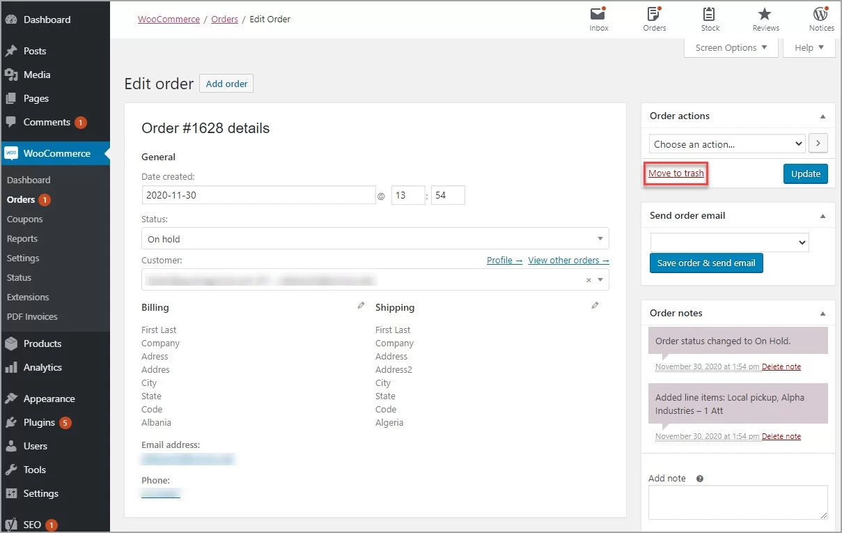 Move WooCommerce order to trash