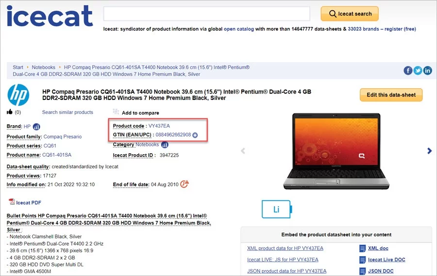 ICEcat Product Codes