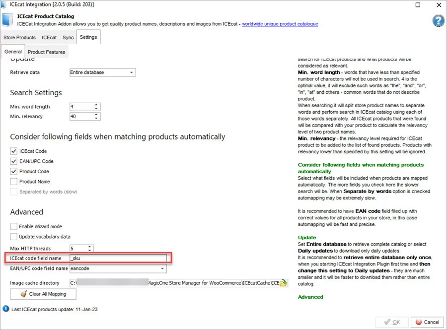 ICEcat Code Specified in the Advanced Settings