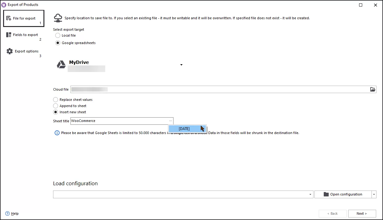 Insert New Sheet for WooCommerce Product Export