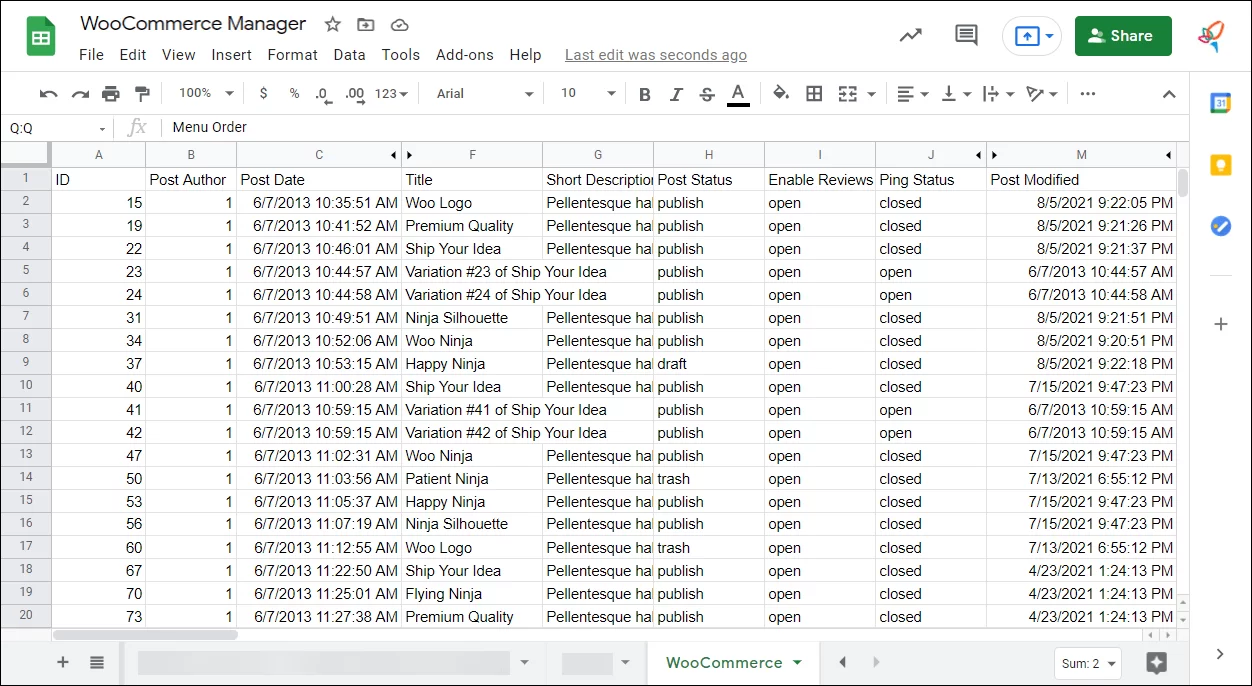 WooCommerce Product Export to Google Sheets Result