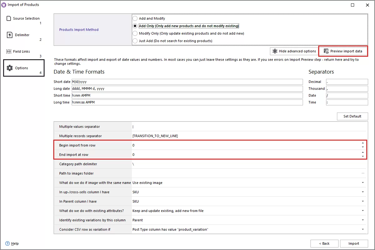 Large WooCommerce Import File Options